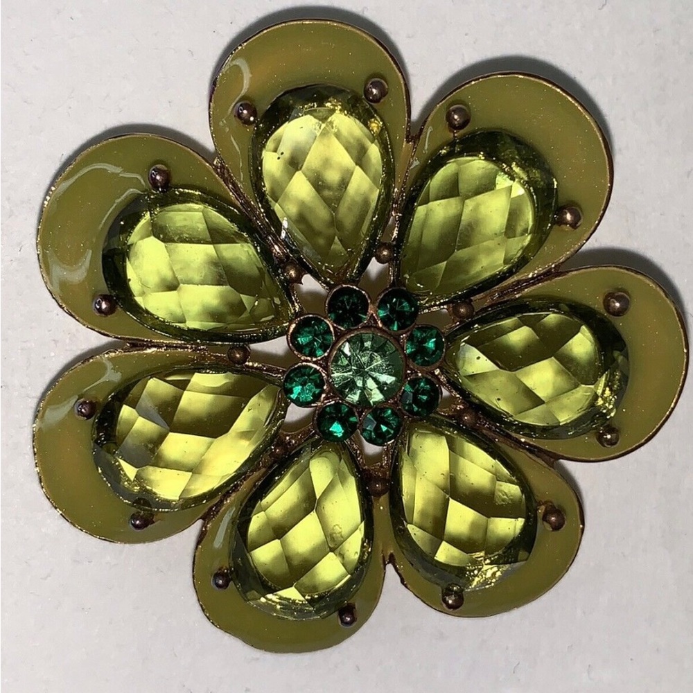 Vintage 3 Tine Enamel Green Flower Brooch with Rhinestones